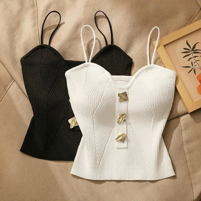 

Summer Crop Tops Fashion Knitted Tanks Women Clothing Sexy Sling Tunic Vest 2024 Ropa Mujer Single Breasted Korean Y2k Camis