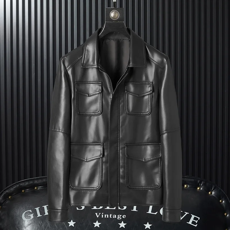 

MaiDangDi New Leather Coat Male European/American Trend Flip Collar Flying Motorcycle Men PU Leather Jacket Multi Pocket Coat