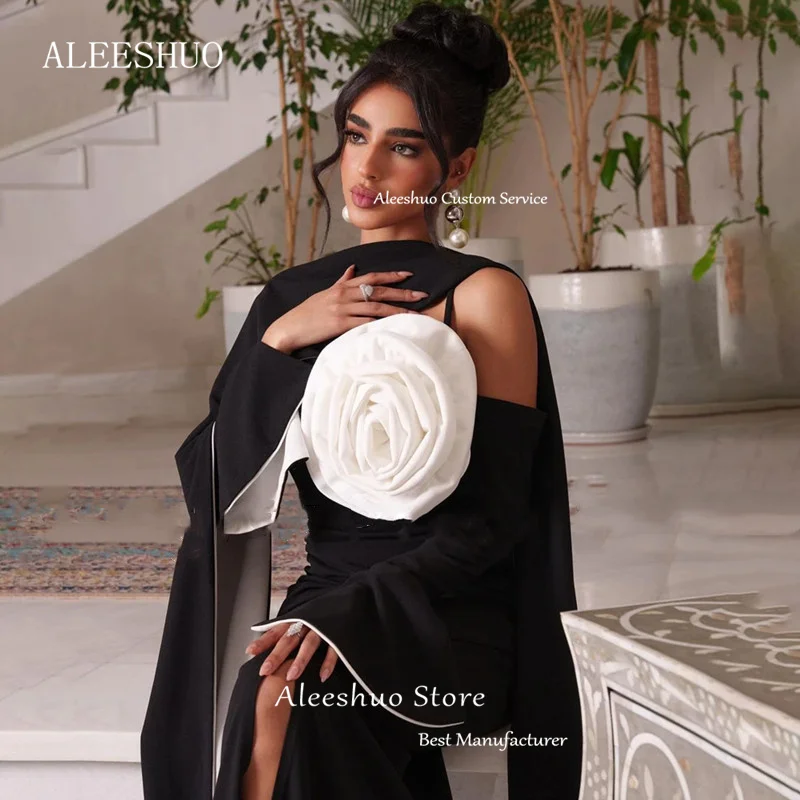 Aleeshuo Saudi Arabia Satin Mermaid Long Sleeves Prom Gowns High Neck Pleat Flowers Ankle-Length فساتين مناسبة 2025 Customized