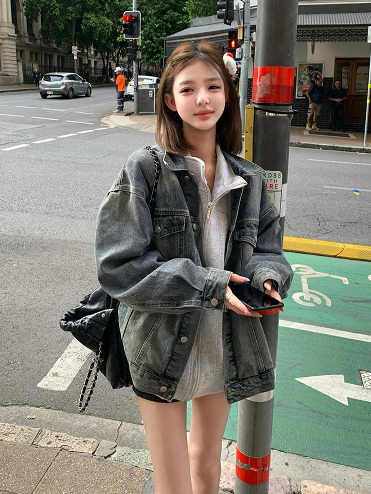 Retro American Washed Denim Jacket Women's Loose Style Commute Casual Fashion Breathable Long Sleeve Middle Length Coat
