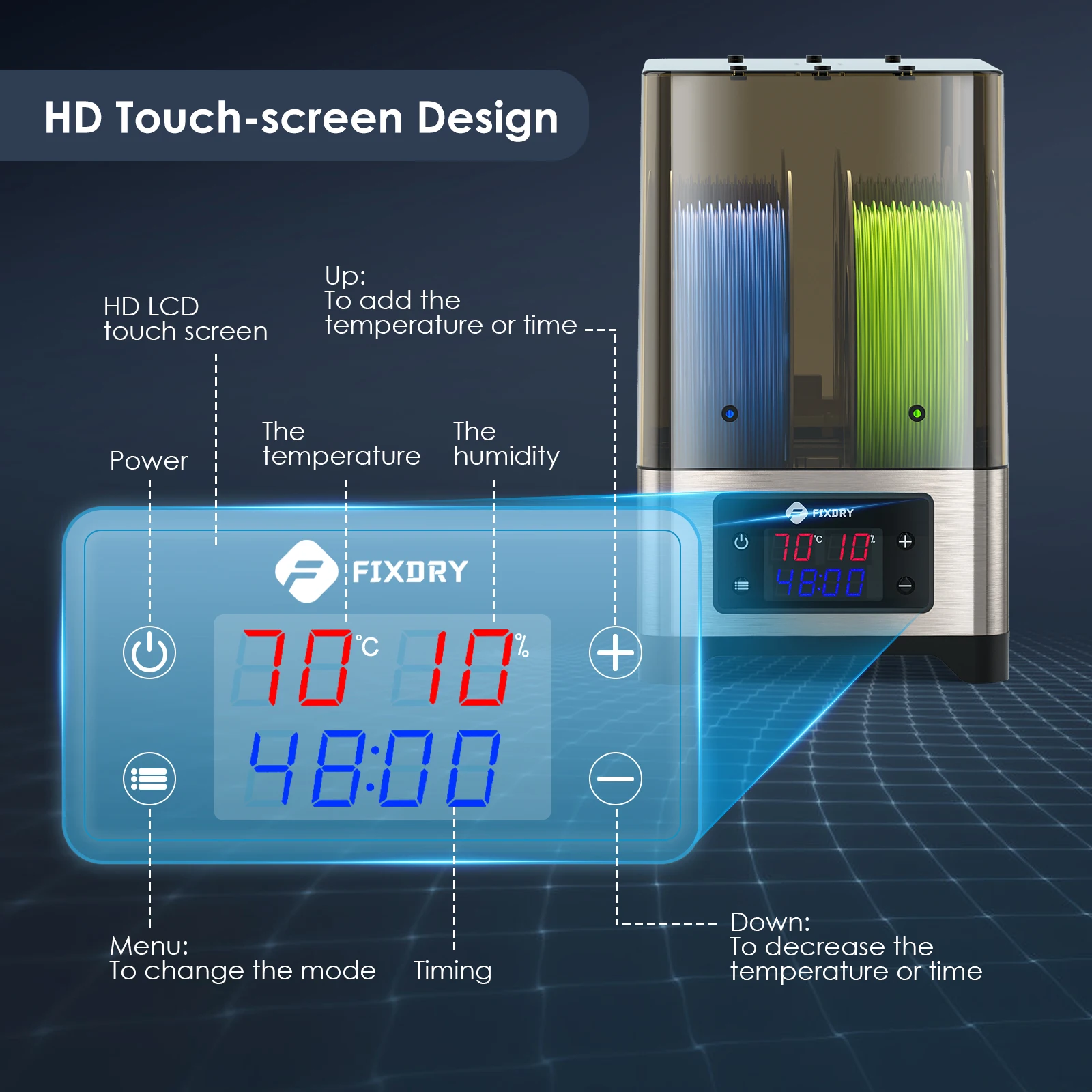 FIXDRY-Caja secadora de filamentos para impresora 3D NT1, soporte de filamento de 3Kg, 360 °, calefacción de aire caliente, 45 ℃-70 ℃, monitoreo de