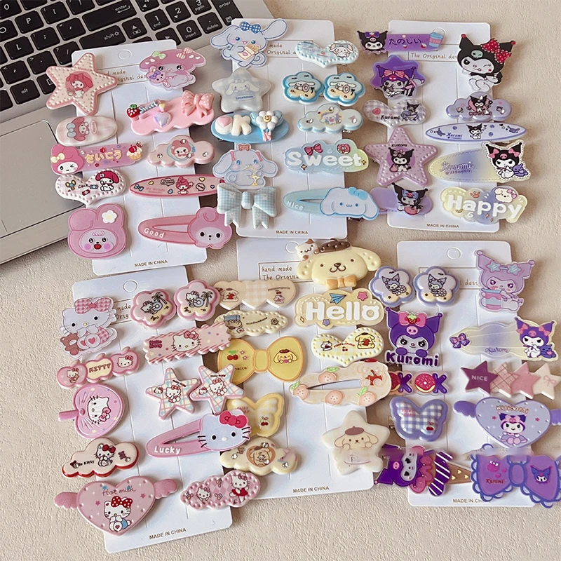 

10Pcs HelloKitty Cute Headwear Children's Acrylic Hair Clip For Girls Kuromi Forehead Hair Clip Melody Bangs Clips