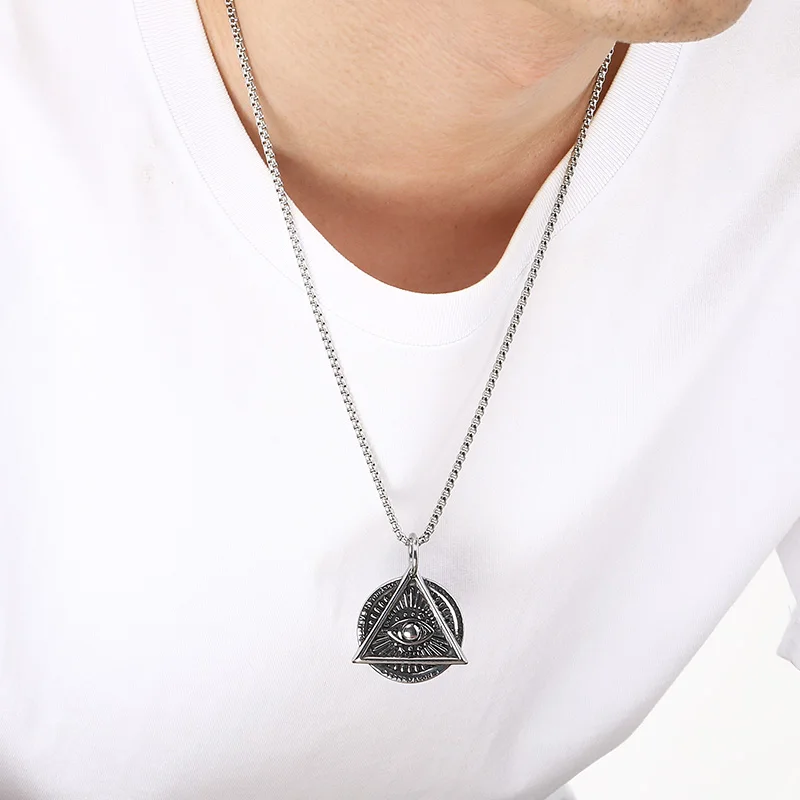 Stainless Steel All-Seeing Eye Pendant Necklace Men's Pyramid Occult Symbol Jewelry Vintage Cool Statement Accessory Daily Party