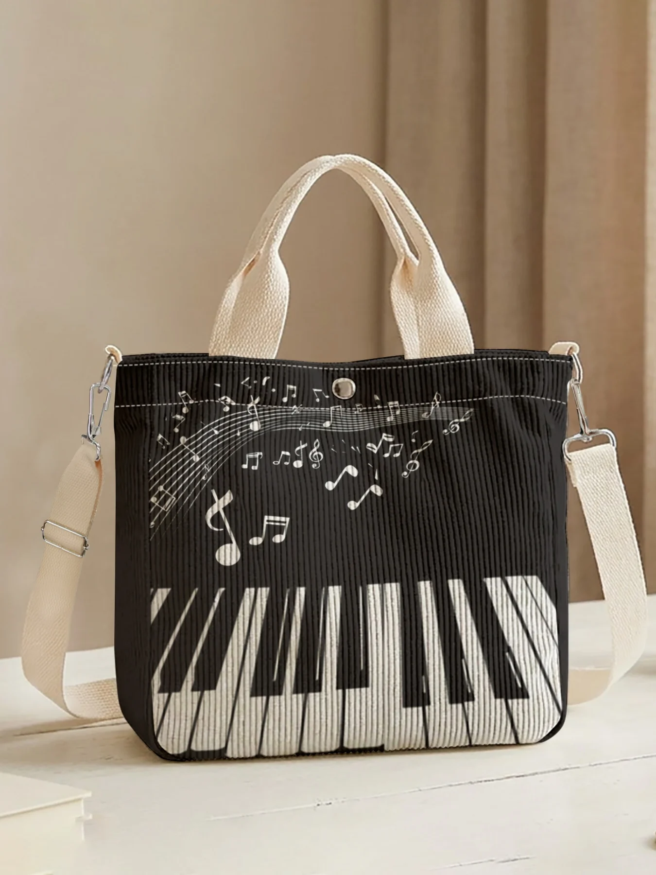 Piano Note Print Tote Bag, Adjustable Strap Crossbody Handbag, Large Capacity For Shopping Travel School Daily Use