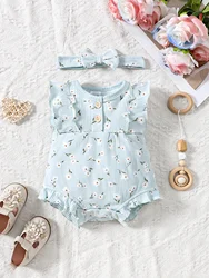 2PCS Summer Baby Girl Jumpsuit with Round Neck Butterfly Sleeve Design, Cute Sweet and Lively Princess Style Newborn Jumpsuit