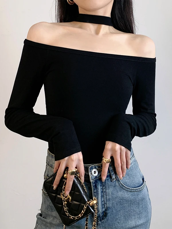 

Сексуальный топ Bla-oulder Neline с вырезом на шее, открывающим ключицы, чувственный, стройнящий, для повседневной носки, с длинными рукавами.