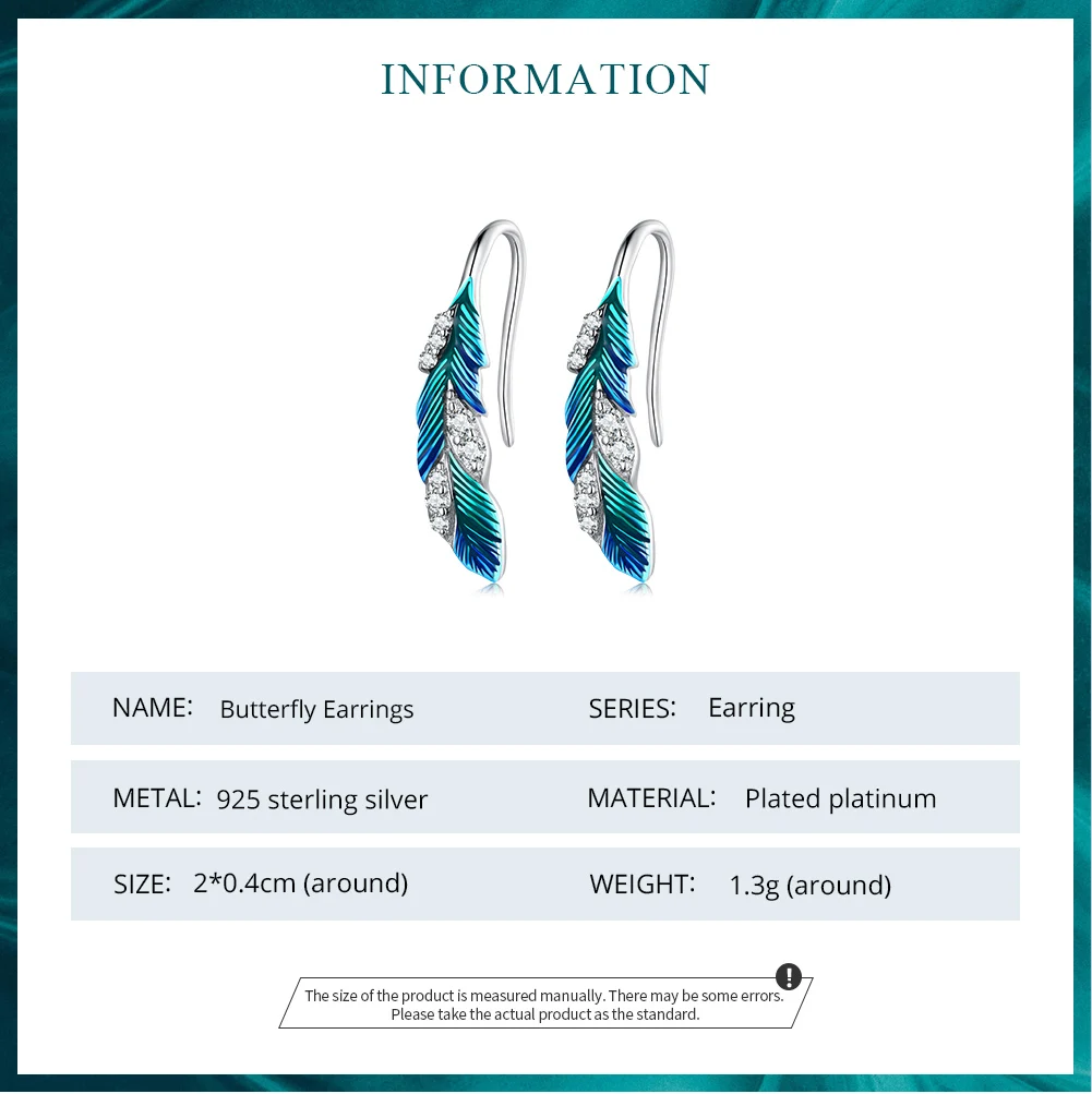 Bamoer 925 Sterling Silver Blue Feathers Earrings Pave Setting CZ for Women Birthday Gift Chic Dazzling Fine Jewelry BSE707