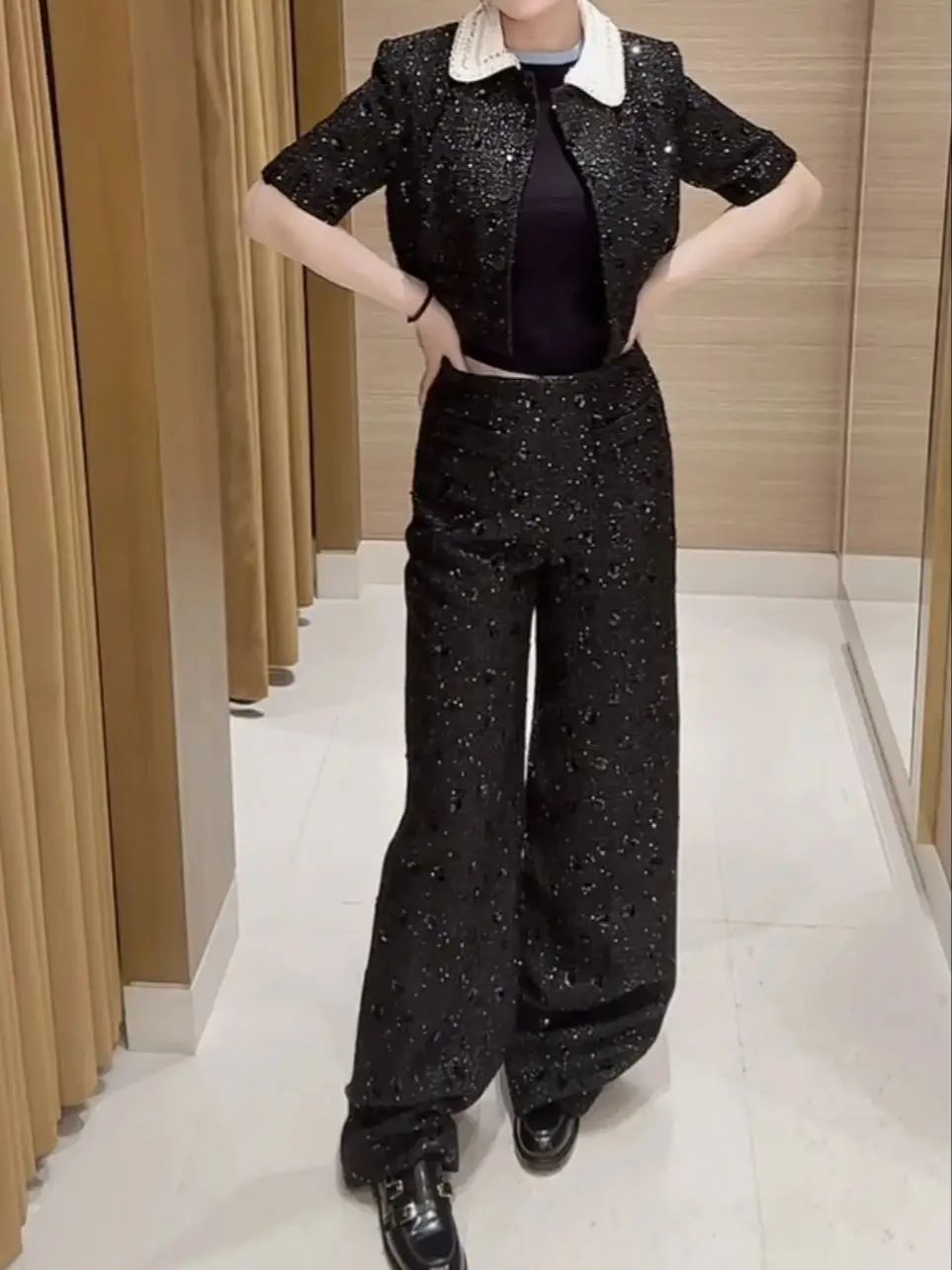 

Women Sequin Black Pants Suit Pearl Embroidery Turn-down Collar Short Sleeve Jacket + High Waist Straight Trousers Elegant Set