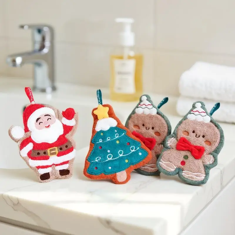 Coral Fleece Christmas Santa Claus Hand Towels Water Absorption Quick-drying Hand Towel Christmas Tree Bell Kitchen Bathroom