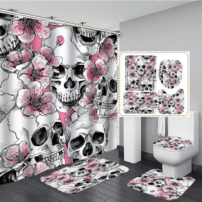 Skull Print Black Shower Curtains Set Bathroom Sets with Curtain and Rugs Bath Mat Carpet Bathtub Home Halloween Decor