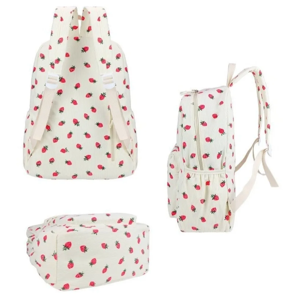 Strawberry Corduroy Backpack Lightweight Solid Color Students School Bag Japanese Style Large Capacity Students Daypack Work