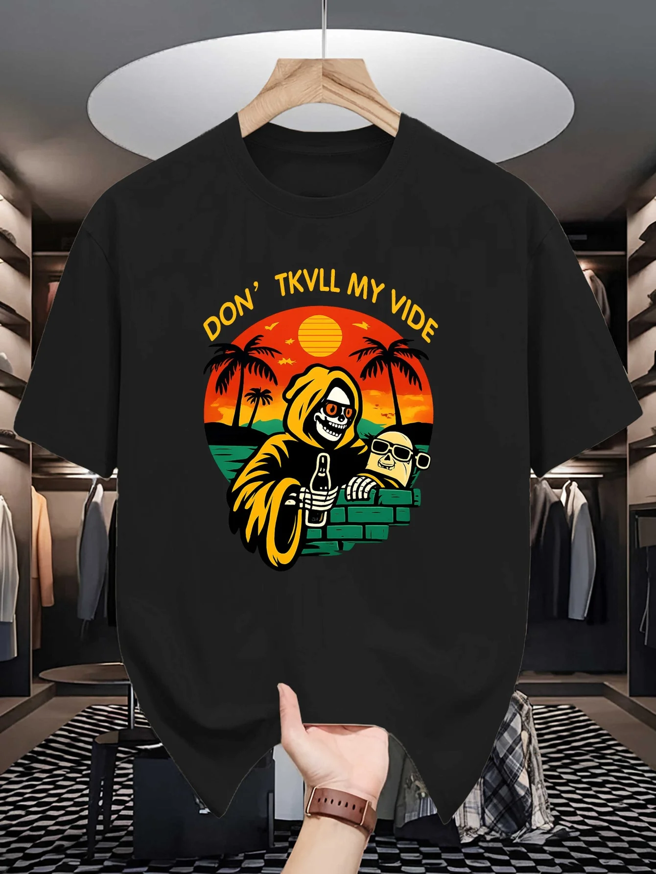 Men Crew Neck Tee Skull Skeleton Beach Sunset Cartoon Print Soft Cotton Loose Short Sleeve Summer Casual Male Streetwear Tops