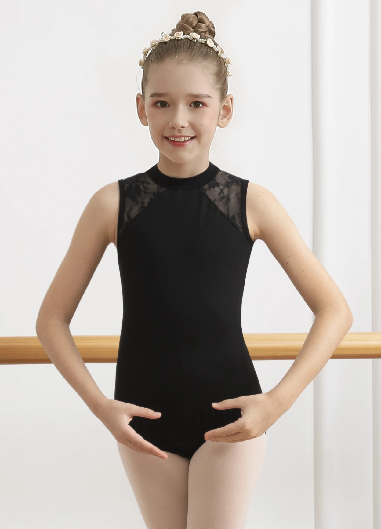 Girls Dance Leotard Lace Neck Dance Wear Top,Back Water Drop-Shaped