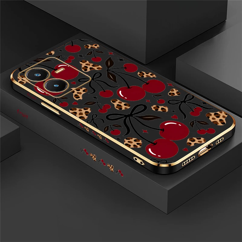Print Cherry Case For Vivo Y28 S Y27 Y22 S Y21E Y21A Y21T Y21S Y20i Y20G Y20S Y20A Y20 Y19 Y18 Y18E Plating Soft Full Protection
