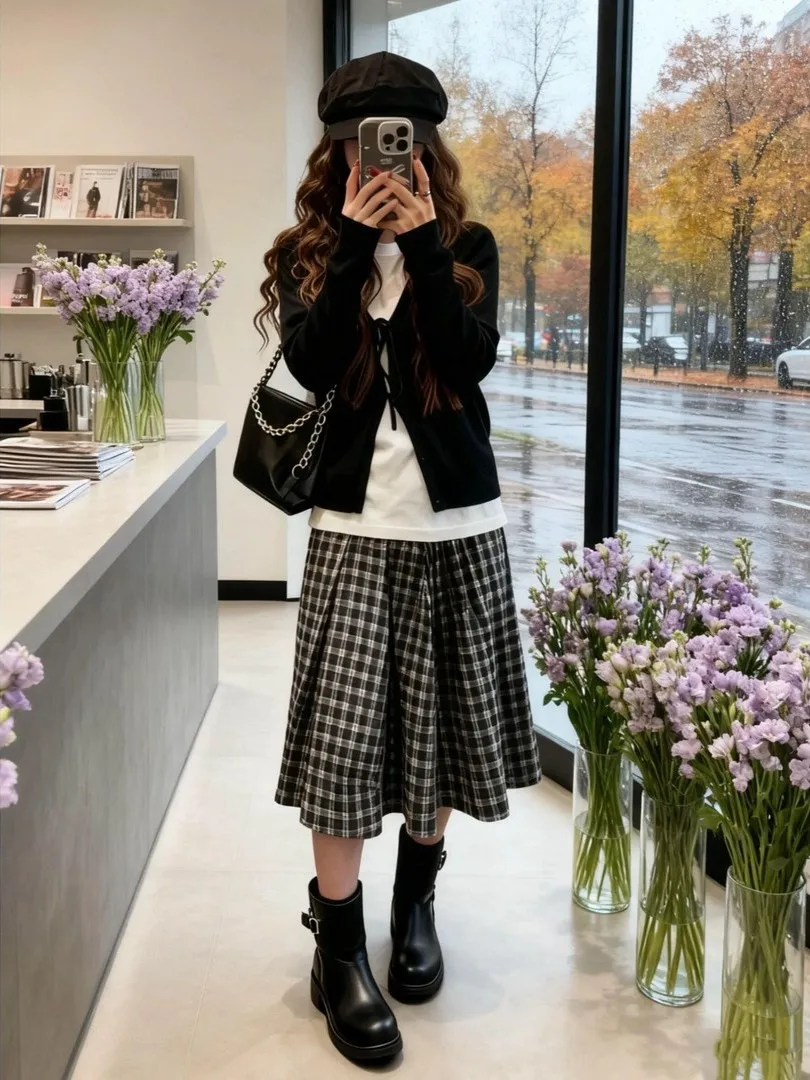 

Black V-Neck Belted Knitted Cardigan White Base Shirt Women's Autumn New Plaid Skirt Three-Piece Set High Waist Midi Skirt