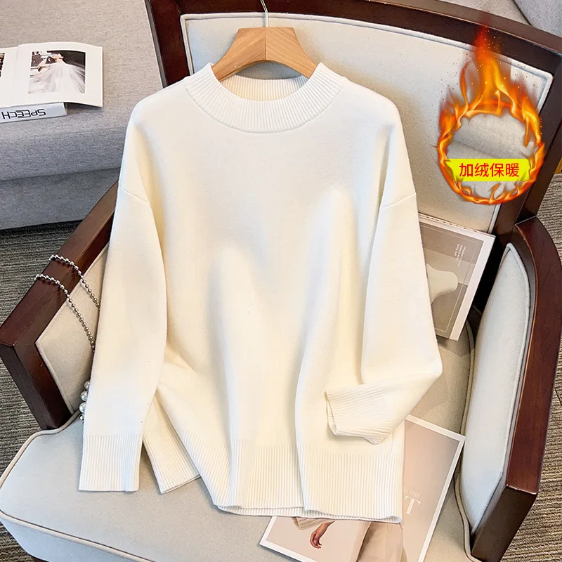 175Kg Plus Size Women's Bust 160 Winter Fleece Loose Round Neck Pullover Sweater Knitted Black White 4XL 5XL 6XL 7XL 8XL 9XL