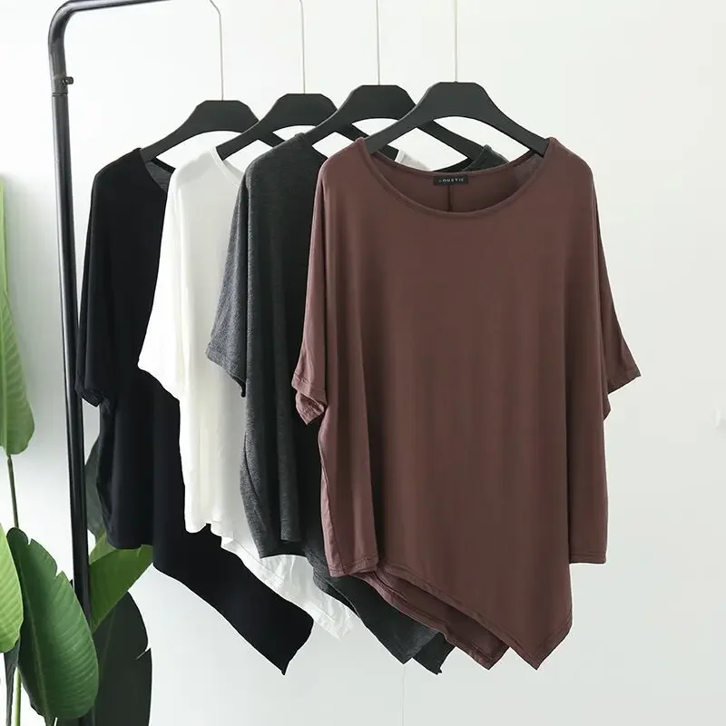 

Summer Dress Long Irregular Batwing Sleeves Summer Modal Large Size O-Neck Tshirt Loose Casual Tshirts Plus Size Base Tee Tops