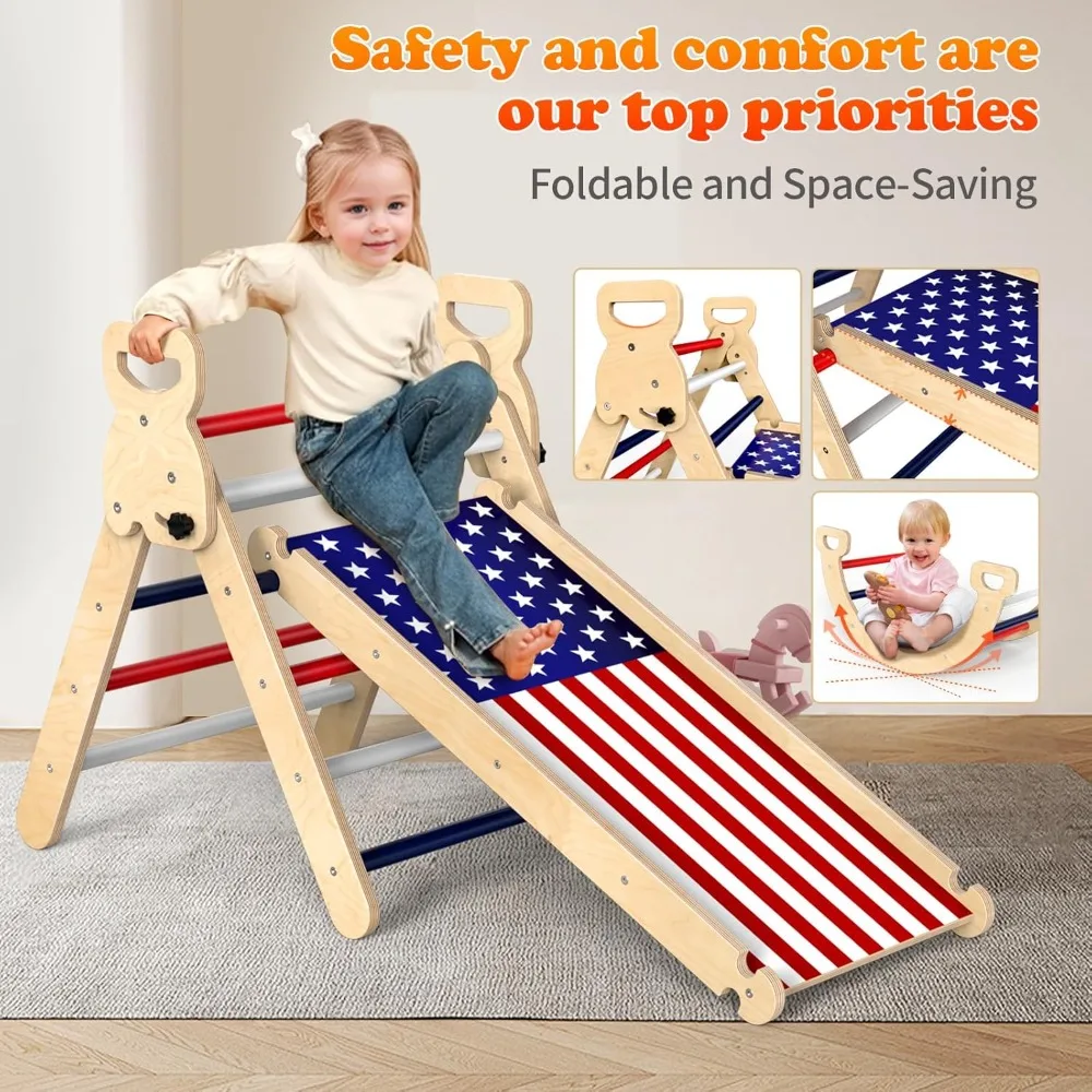 Triangle Suit Flag Style, Wooden Climbing Set, Foldable 3 Piece Climbing Gym with Triangle Climbing Frame, Arches, Ramps