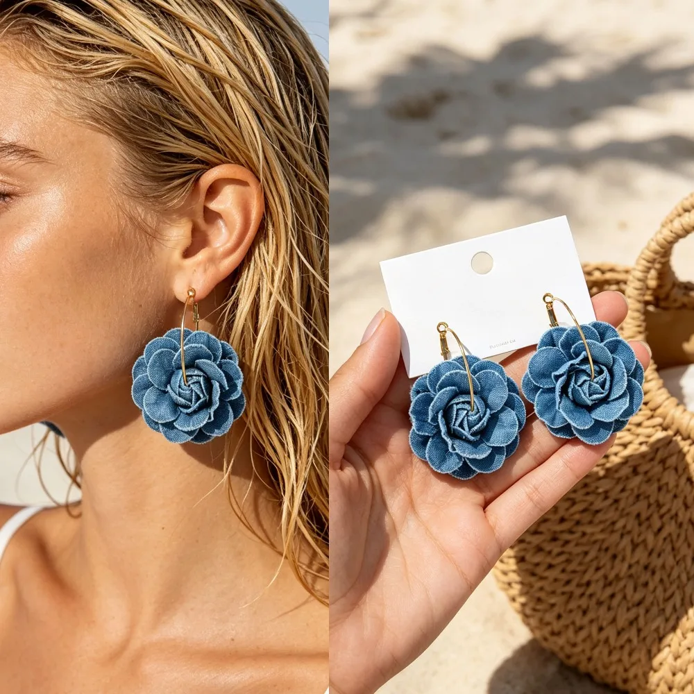Vintage European American Fabric Denim Rose Flower Dangle Earrings Blue Artistic Pendant Jewelry