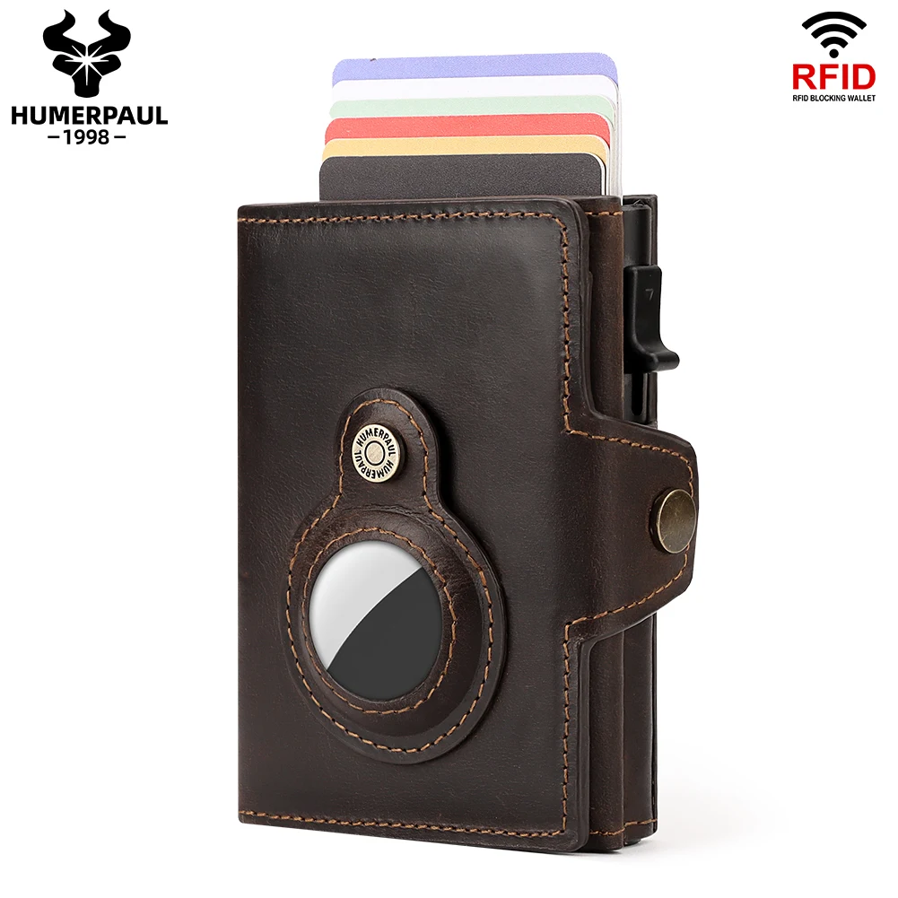 Billetera inteligente de cuero RFID con diseño de lujo para tarjetas de crédito, billetera de viaje ligera con funda antipérdida AirTag