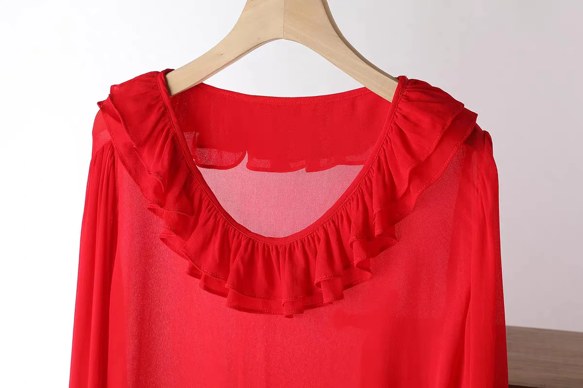 Korean Fashion plus Size Women's Blouse Long Sleeve Chiffon Top with Ruffle Collar Sexy Elegant Thin See-through 5XL 6XL