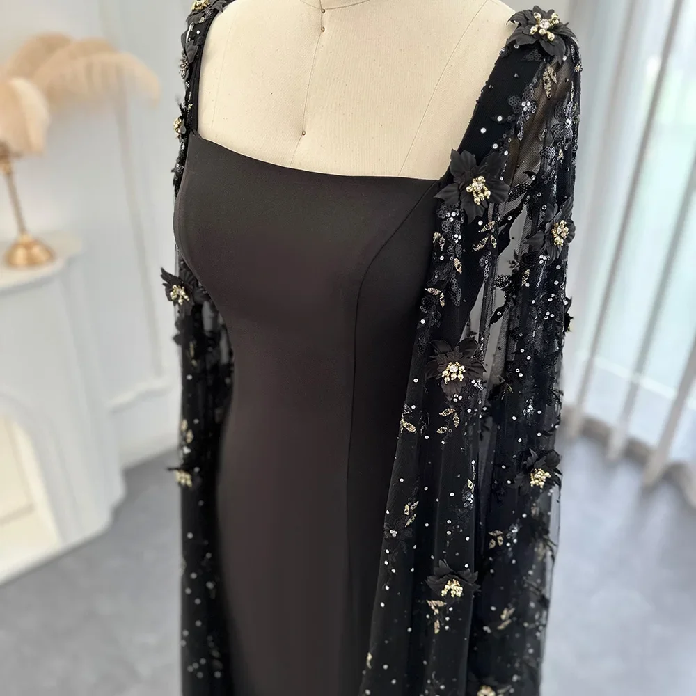 Luxury 3D Flowers Black Satin Evening Dress with Cape Sleeves Elegant Square Collar Sweep Train Women Formal Party Dresses