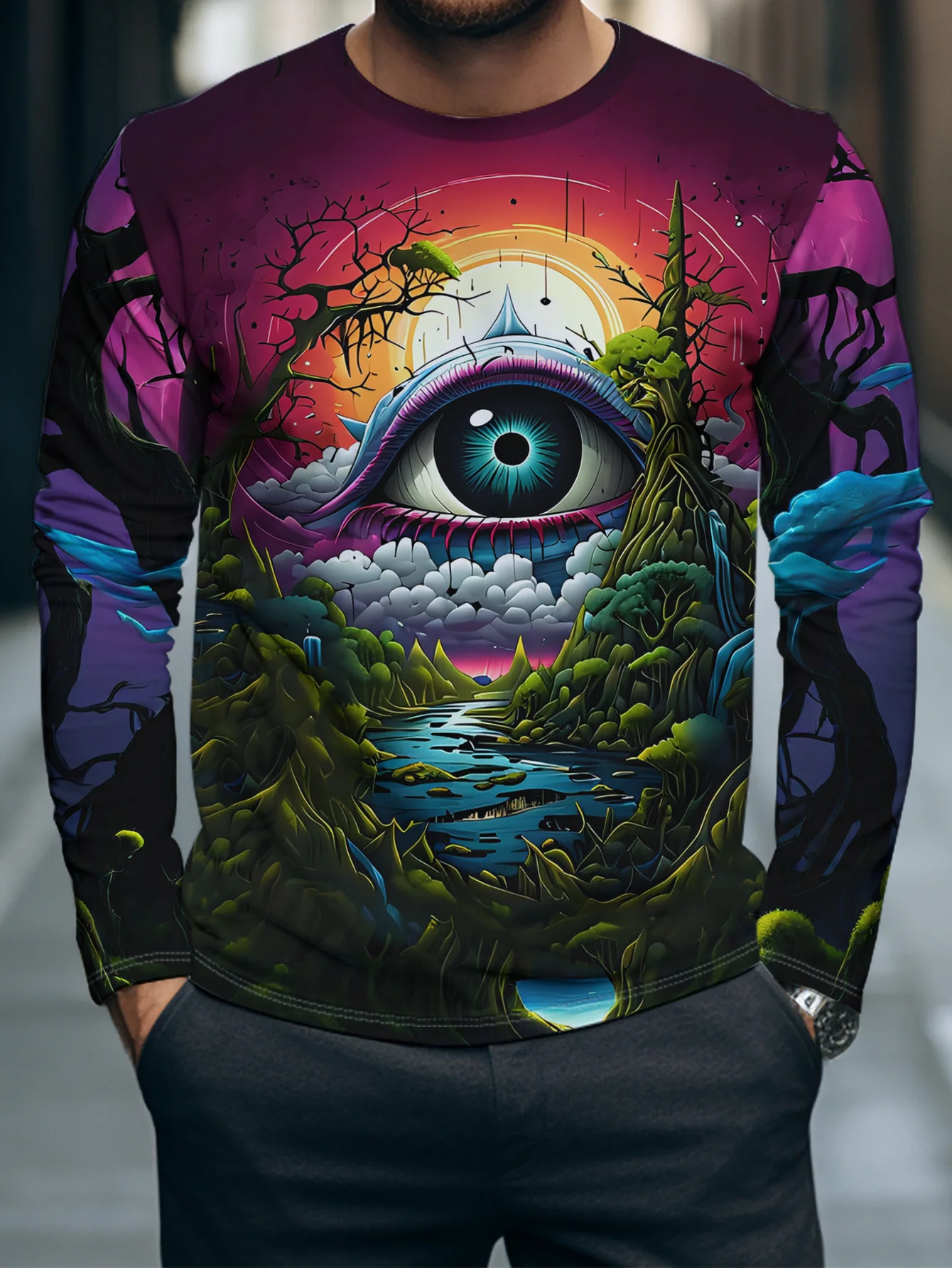 Men Long Sleeve T‑Shirt Psychedelic All‑Seeing Eye Fantasy Landscape Print Crew Neck Trippy Street Tops