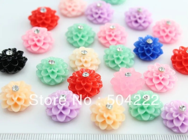 Set of 100pcs Lovely Dalia Mum Flower with Rhinestone Cute Resin Cabochon for Kawaii Decoden DIY Projects 16mm -SH261