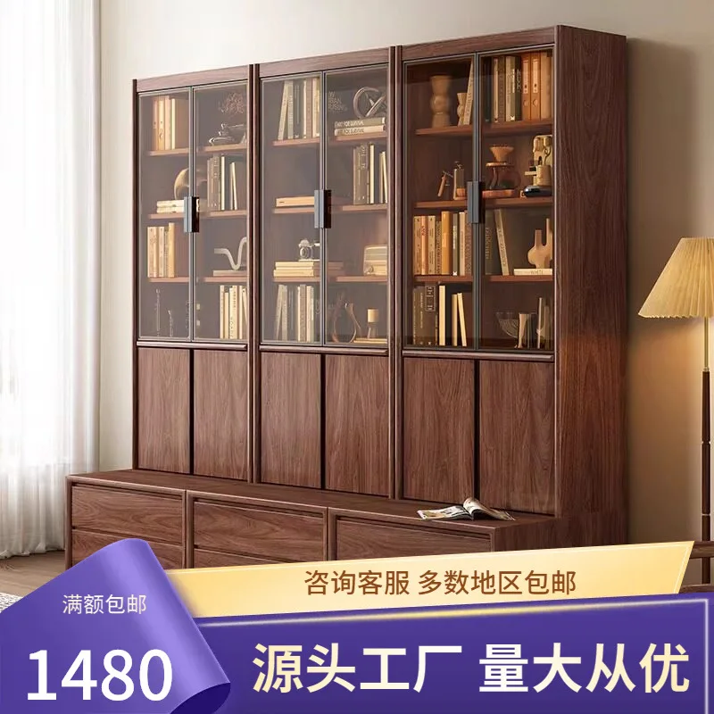 Solid wood bookcase full wall with glass combined display cabinet integrated cabinet whole wall card seat bookcase living room f