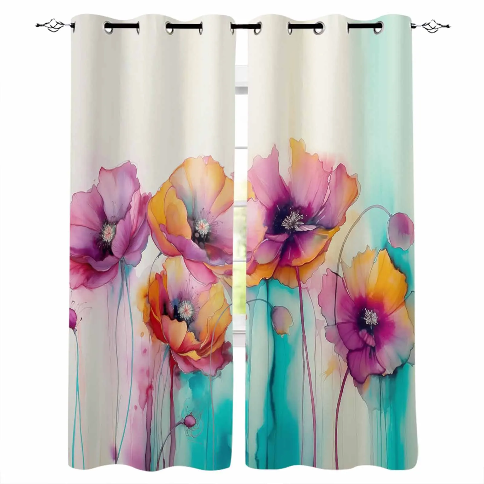 Spring Watercolor Poppy Flower Plant Window Curtains for Living Room Kitchen Curtain Bedroom Decorative Window Treatments