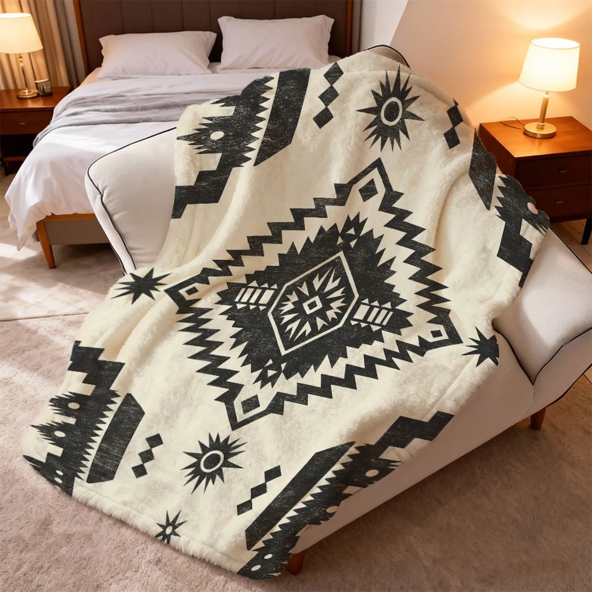 Soft Cream Background Black Navajo Southwest Tribal Star Diamond Symmetric Ethnic Full Print Fluffy Blanket Warm Couch Cover