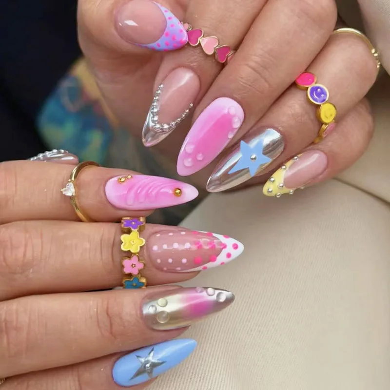 

24Pcs Almond Y2K Dopamine Press on Nails Gradient French Star False Nails Polka Dot Design Detachable Full Cover Fake Nails Tips