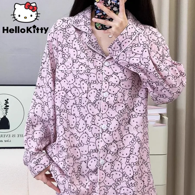 Sanrio Hello Kitty Full Print Cartoon Cotton Pajamas Japanese Style Sweet Y2k Girl Sleepwear Women New Long Sleeved Home Clothes