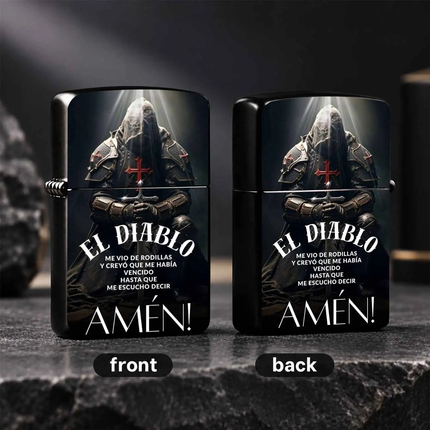 Vintage Templar Knight Faith Themed Lighter With El Amen Inspirational Slogan Design, Moody Dark Aesthetic Portable Accessory, Ideal For Daily Carry Gifting Outdoor Gathering And All Scenarios, Stylish Unique Meaningful Item For You A Humor