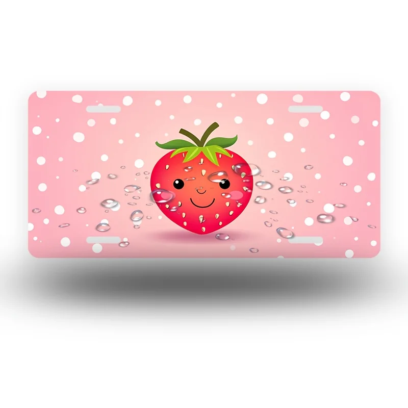 2D Flat  Cutie Strawberry with Face on Pink Polka Dot Background Front License Plate, Aluminum License Plate Covers & Frames