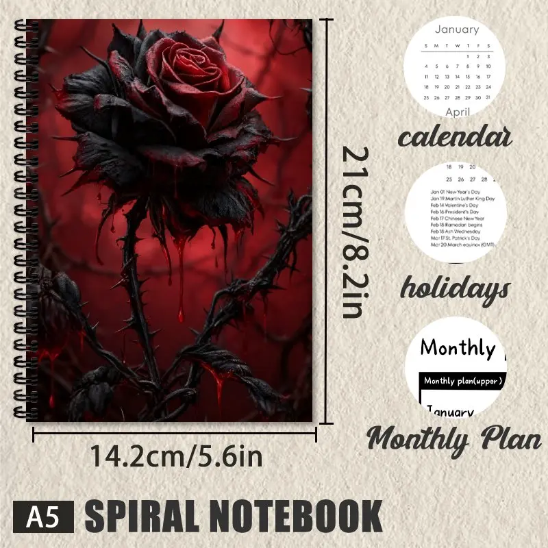 A Gothic spiral notebook with a red rose pattern on the cover-designed for dark fantasy, suitable for writing diaries, offices