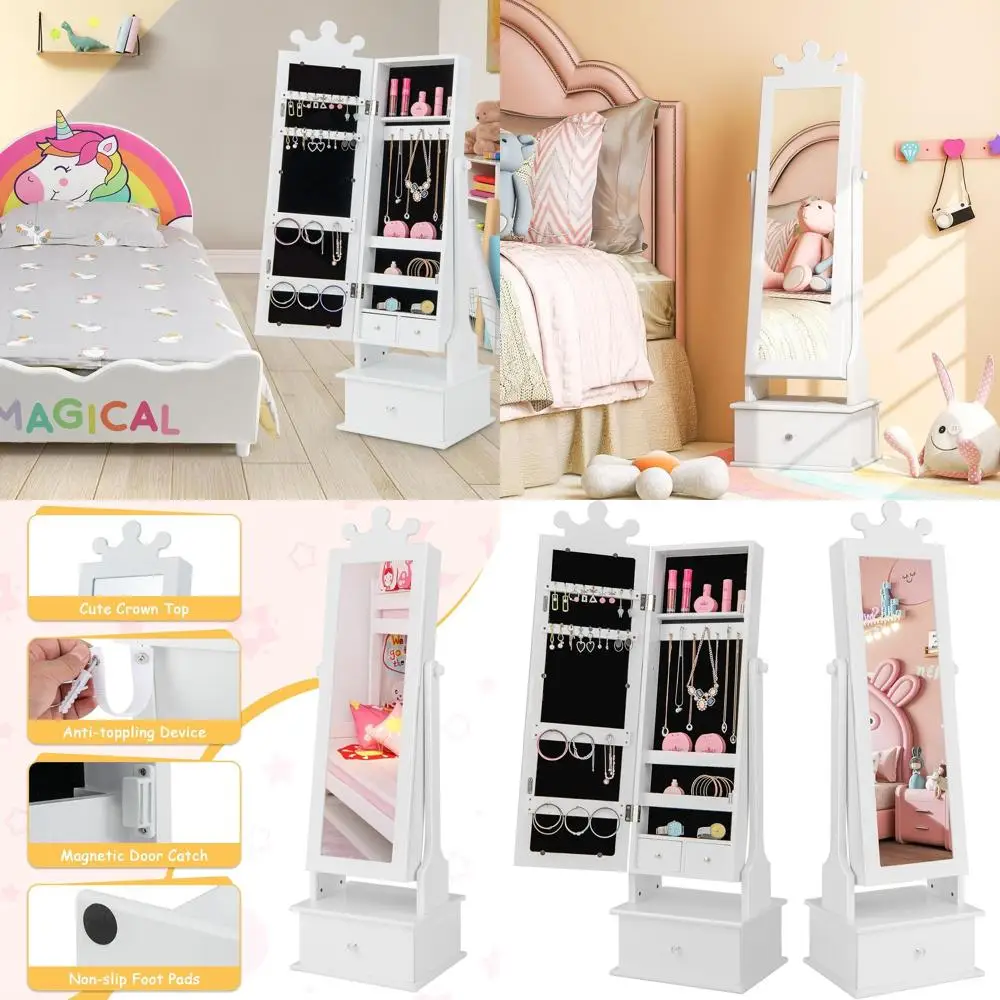 

Белый деревянный шкаф для ювелирных изделий с наклонным зеркалом и ящиками для хранения для одевания маленьких девочек