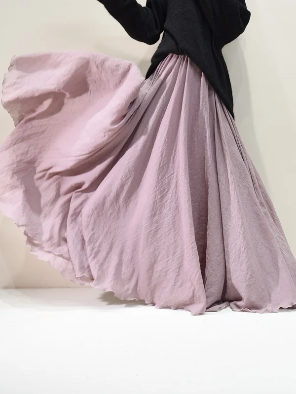 Bohemian Large Size Cotton Linen A-Line Skirt Elastic Waist Long Pure Color Wide Hem Dance Zen Style Half-length Skirt