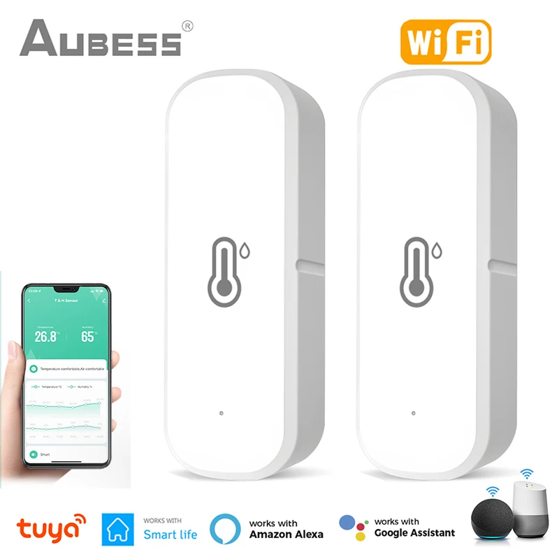 Aubess-Sensor de Temperatura e Umidade WiFi, Sensor de Vida Inteligente Interior, Termostato Tuya e Higrômetro, Funciona com Alexa e Google