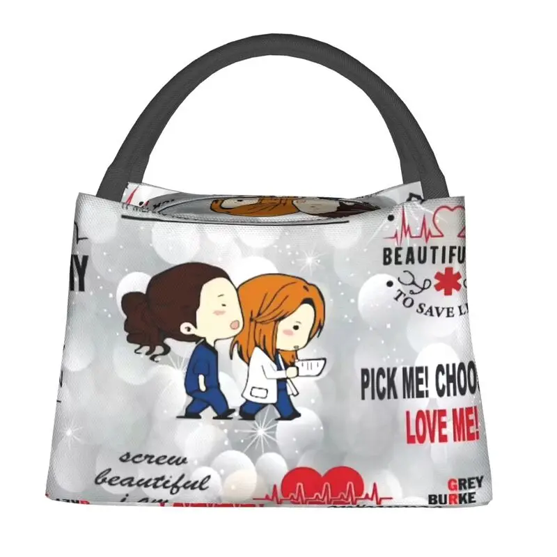 Grey's Anatomy Thermal Insulated Lunch Bag Women Cartoon Tv Movie Portable Lunch Tote for Outdoor Picnic Storage Meal Food Box