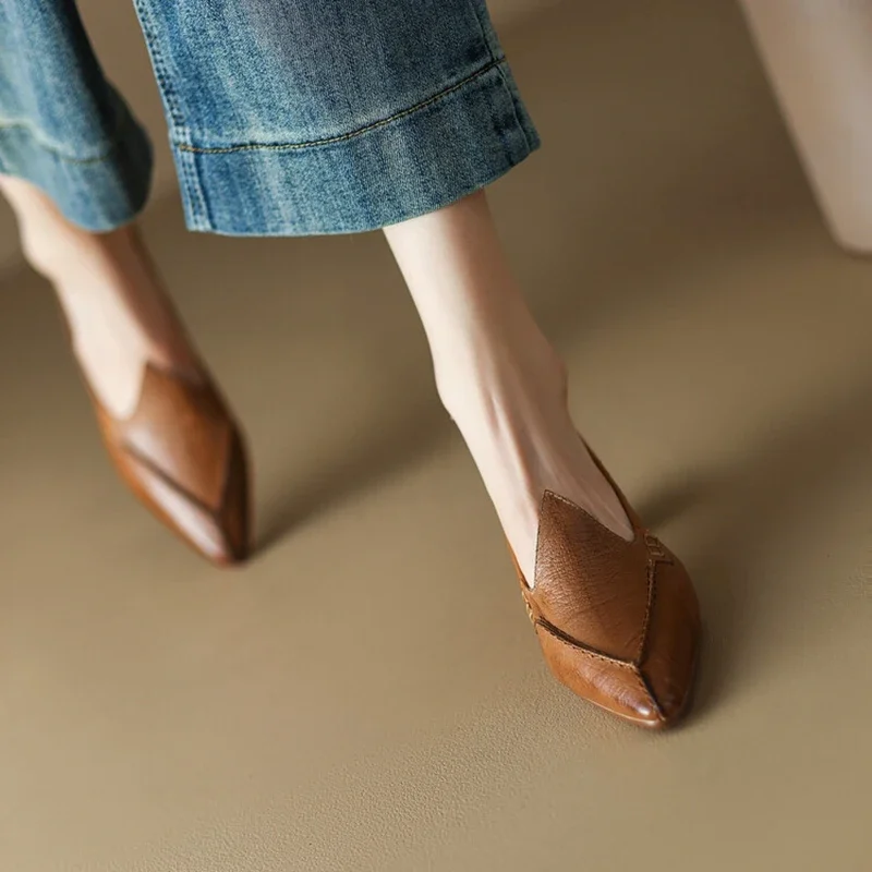NEW Spring/Autumn Women Loafers Pointed Toe Chunky Heel Shoes Genuine Leather Shoes for Women Retro Concise Handmade Women Pumps
