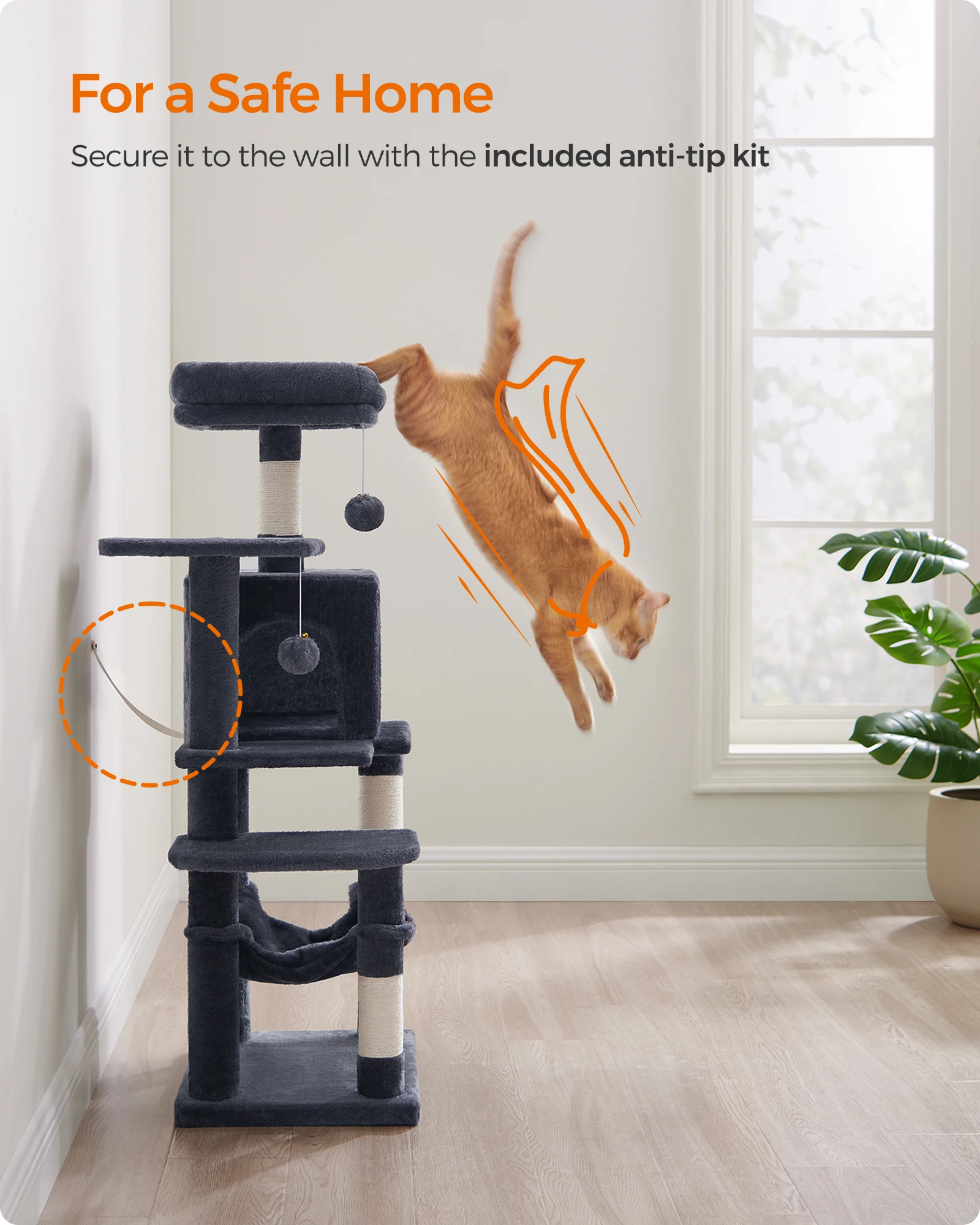 

Кошачья лежанка Feandrea, 44,1-дюймовая многоуровневая плюшевая башня для кошек с 4 столбиками для царапания, 2 площадками для отдыха, гамаком и пещерой.