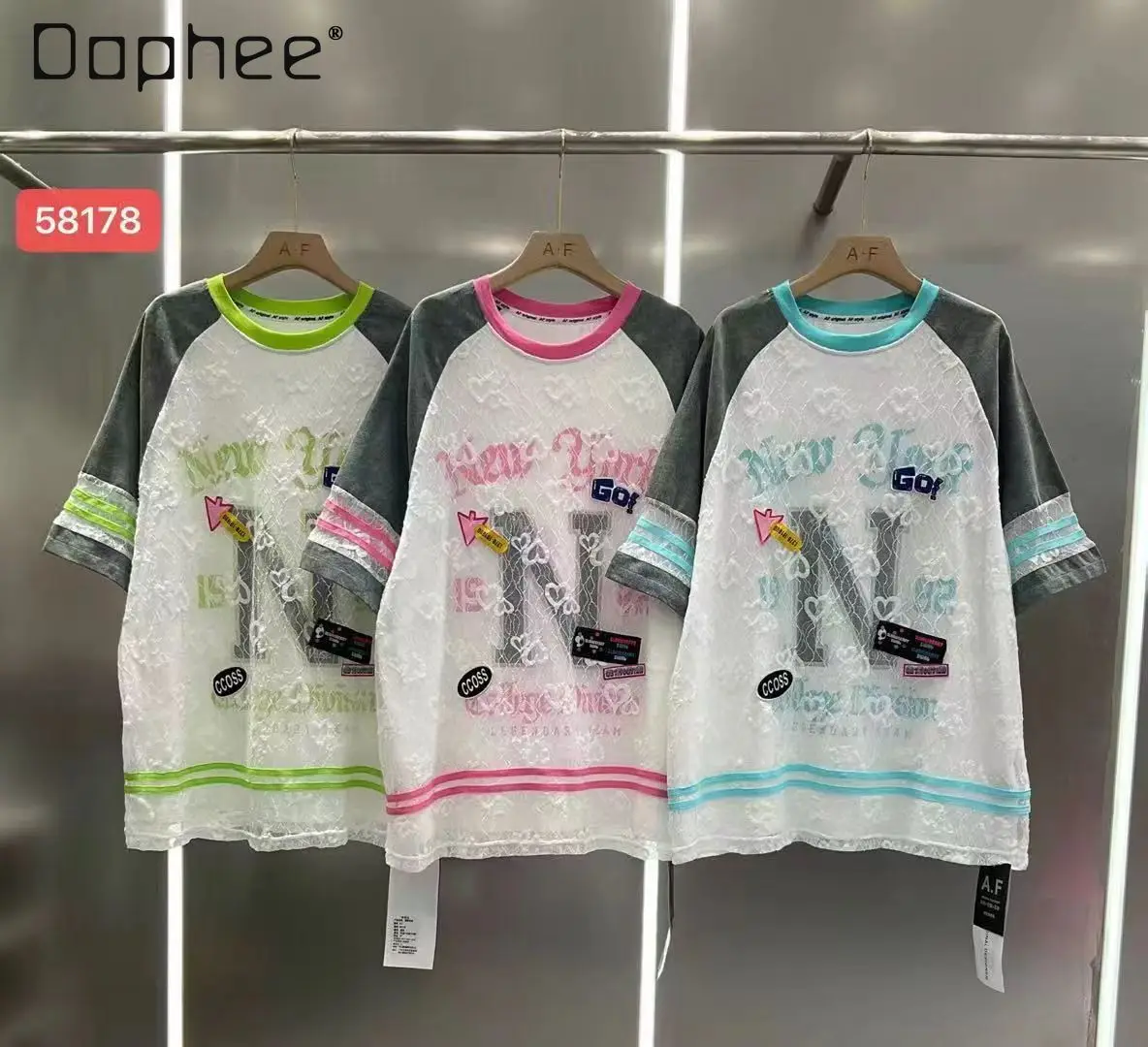 

European T-shirt Top Women's 2026 Summer New Lace Splicing Letter Printing Contrasting Color Loose Short Sleeves Top