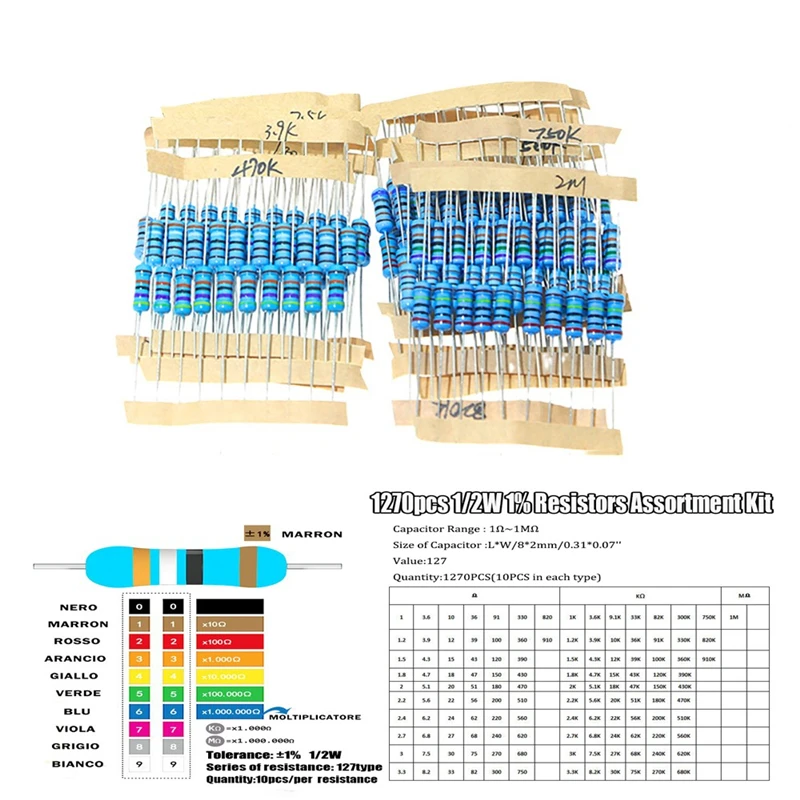 1270Pcs 1/2W Gouden Filmweerstandspakket, Nauwkeurigheid 1%, 1 R-1 M Weerstandswaarde, Veelgebruikte 127 Soorten, 1270 Stuks, In Dozen