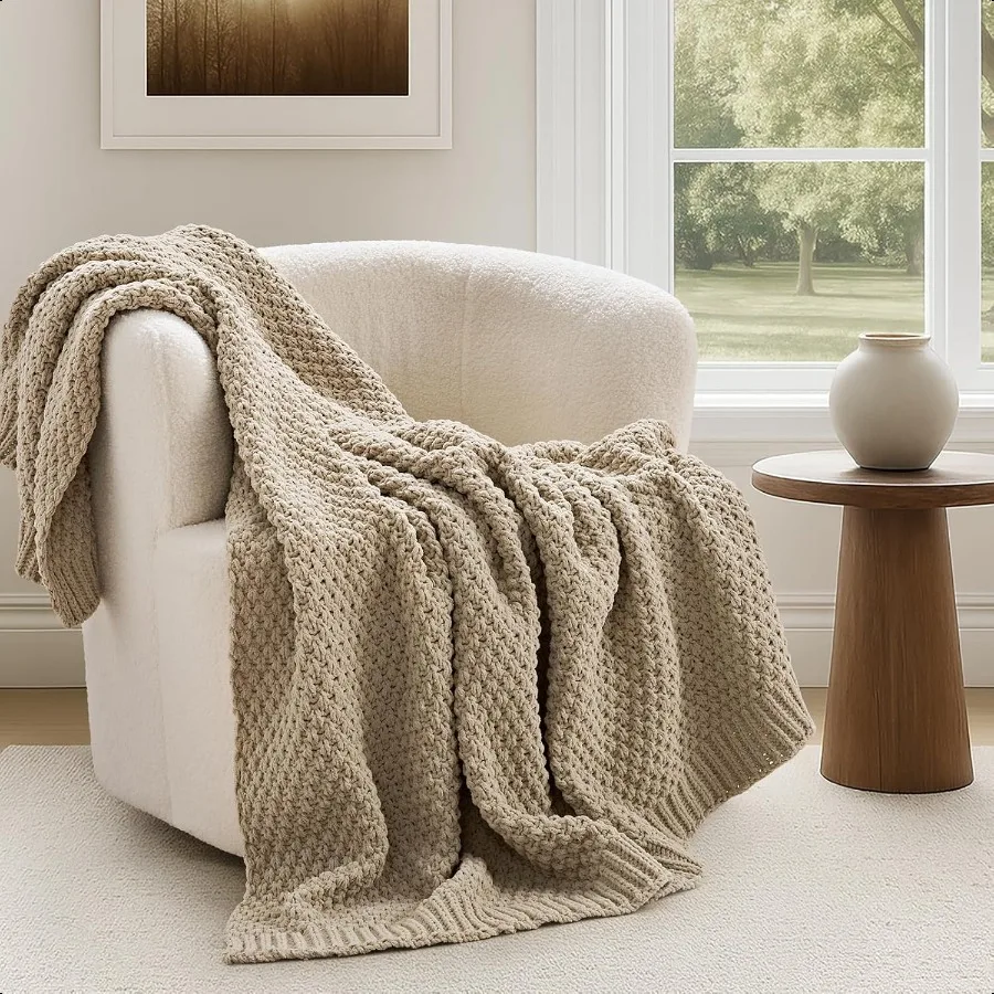 

Chunky Chenille Knit Throw Blanket for Couch Soft Luxurious Moss Stitch Blankets for Bed Cozy Decorative Farmhouse Knitted Thro