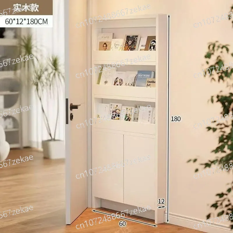 Solid wood with door ultra-thin storage cabinet, bookshelf behind door, extremely narrow shelf without punching, ultra-thin stor