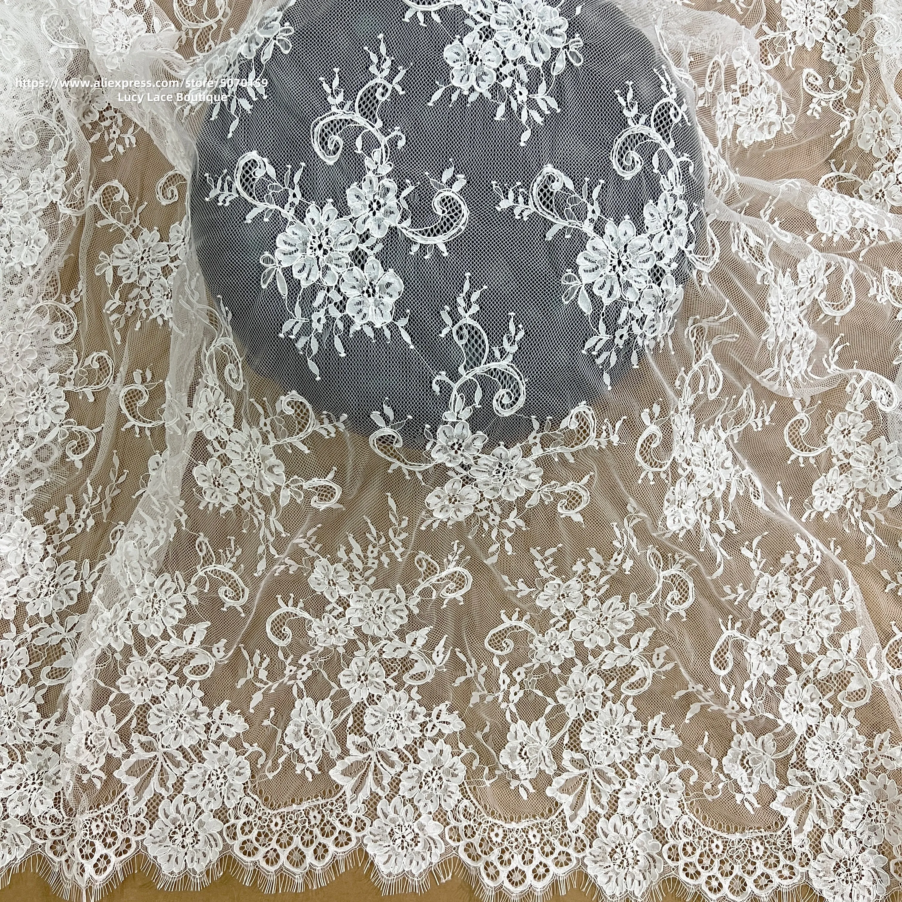 150CM Wide Pure White Lace Fabric White Dress Lace Material Handmade Cording Eyelash Lace Top Quality 3 Meters Long 2023