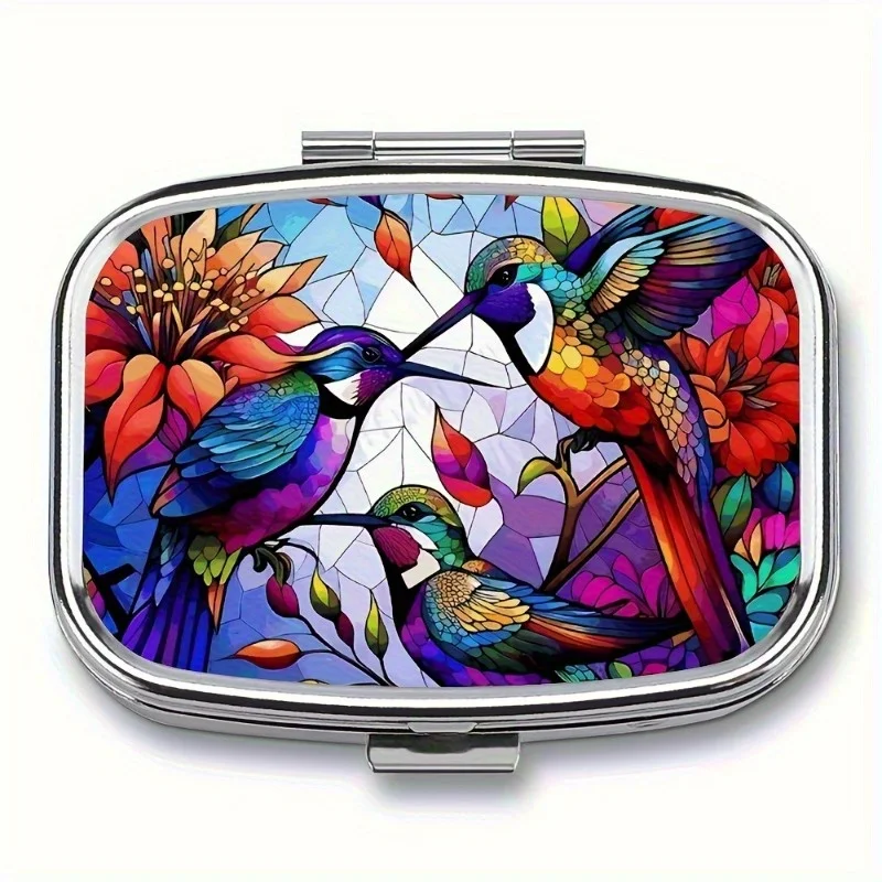 A Three-color Small Hummingbird Medicine Box: A Two-compartment Portable Vitamin and Medicine Box, Metal Travel Accessories