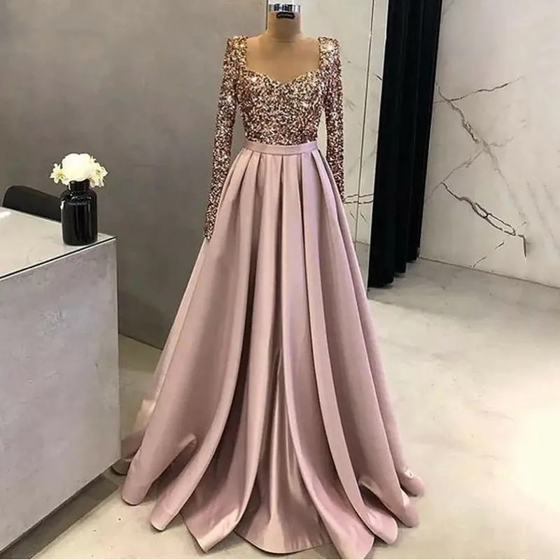 Robe De soirée trapèze rose à paillettes, manches longues, col en cœur, élégante tenue De soirée De standing