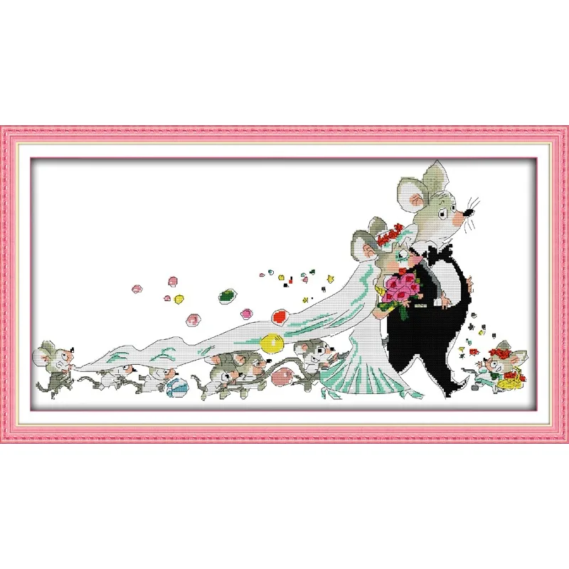 

Joy Sunday New Stamped Cross Stitch Ki,11CT/14CT/16CTDIY Easy Pattern Aida Fabric Embroidery Set-The Wedding of Rats (2)